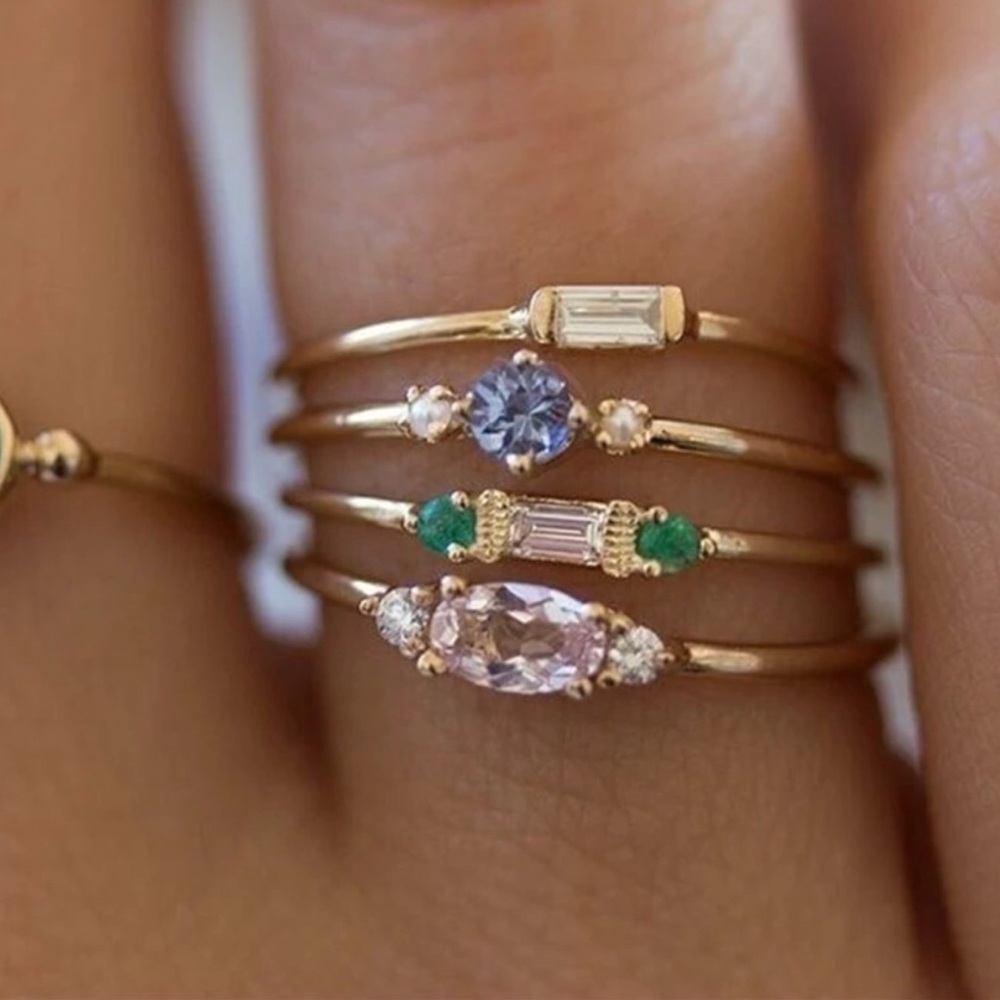 4 Piece Gold Gemstone Midi Rings Set